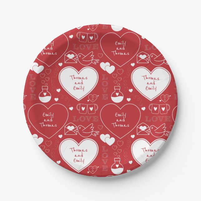 Valentine Pattern Paper Plate - White on Red |2| (Front)
