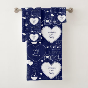 Valentine Pattern Towel Set - White on Navy Blue