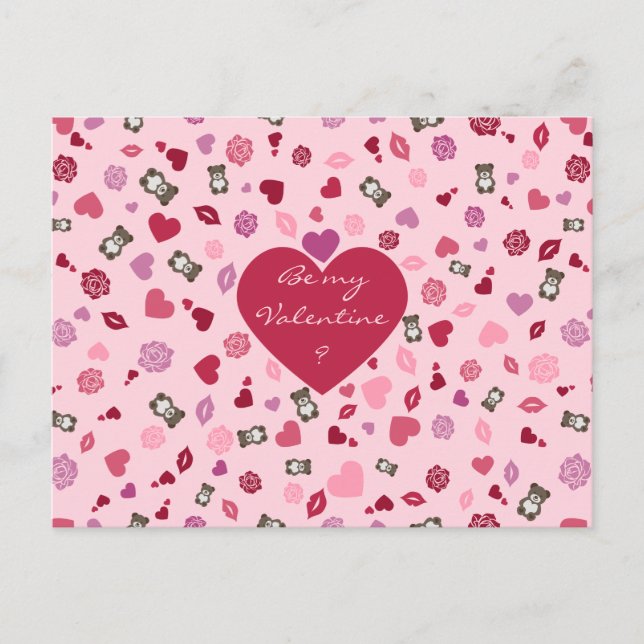 Valentine pattern with bears, roses and hearts holiday postcard (Front)