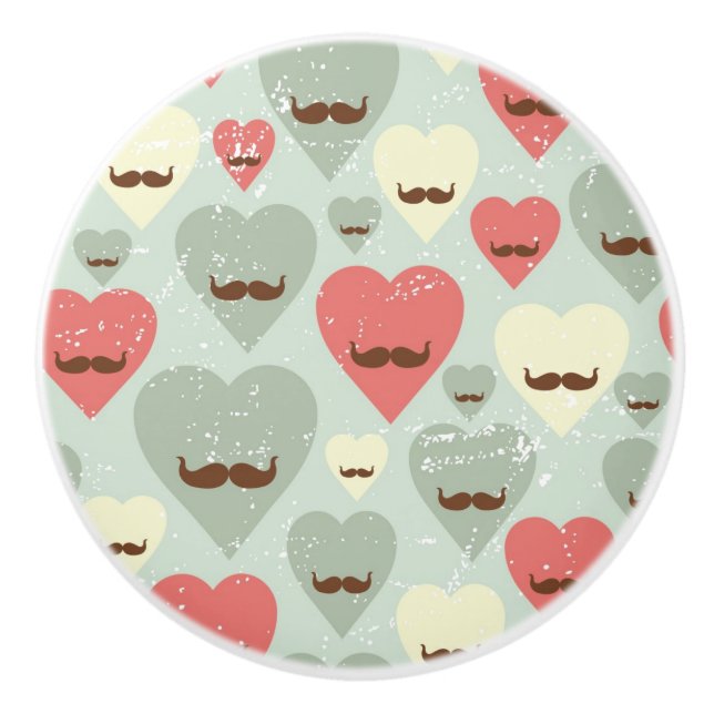 Valentine pattern with heart and moustache ceramic knob (Front)