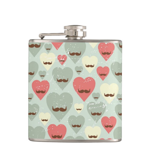 Valentine pattern with heart and moustache hip flask (Front)