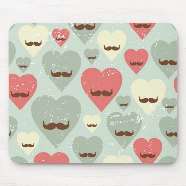 Valentine pattern with heart and moustache mouse mat (Front)