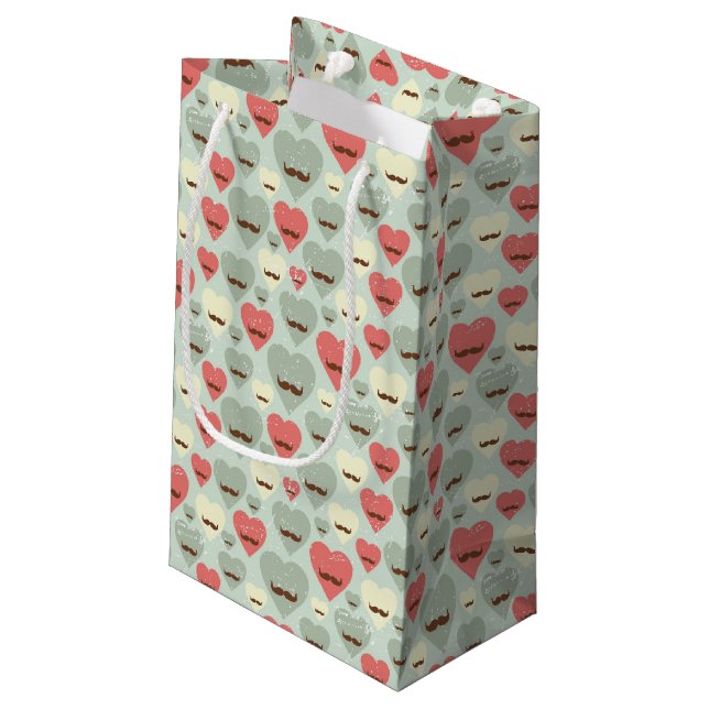 Valentine pattern with heart and moustache small gift bag (Back Angled)