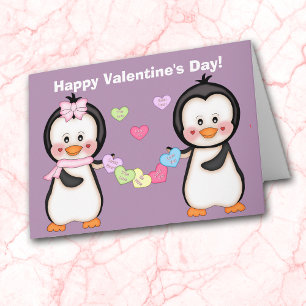 Valentine Penguin and Hearts Holiday Card