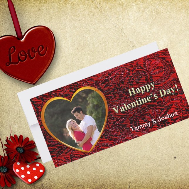 Valentine Photo Name Gold Heart Red Abstract  Card (Creator Uploaded)