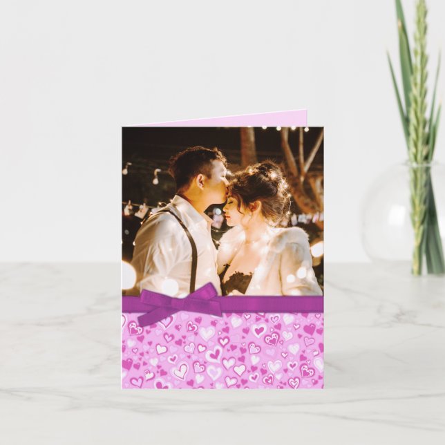 Valentine photo purple & pink hearts card (Front)