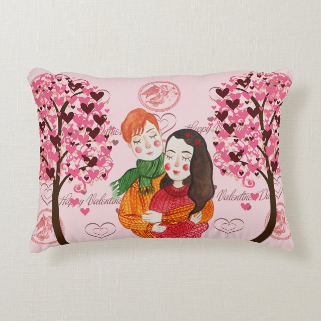Valentine Pillow with Cute Couple & Heart Trees (Front)