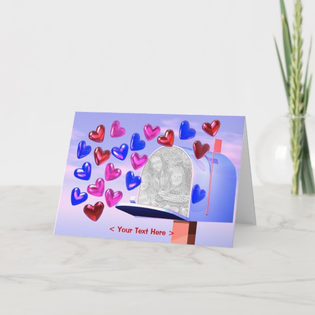 Valentine Pink and Blue Hearts and Mailbox Photo Card (Front)
