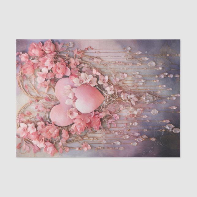 Valentine Pink and Red Hearts and Roses Tissue Paper (Front)