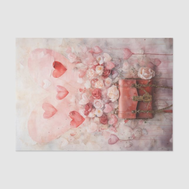 Valentine Pink and Red Hearts and Roses Tissue Paper (Front)