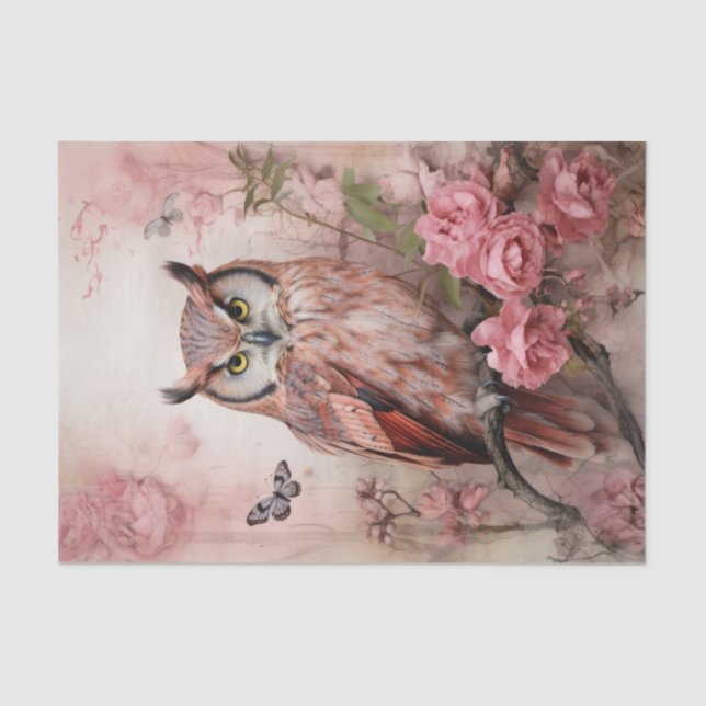 Valentine Pink Flowers Owl On A Branch Tissue Paper (Front)