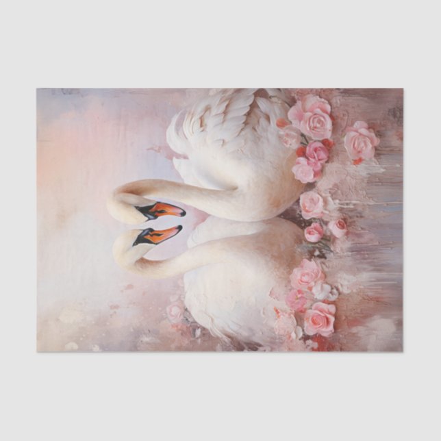 Valentine Pink Flowers Two White Swans Tissue Paper (Front)