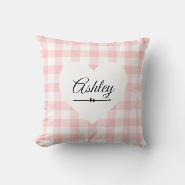 Valentine Pink Gingham White Heart Monogram Name Cushion (Front)