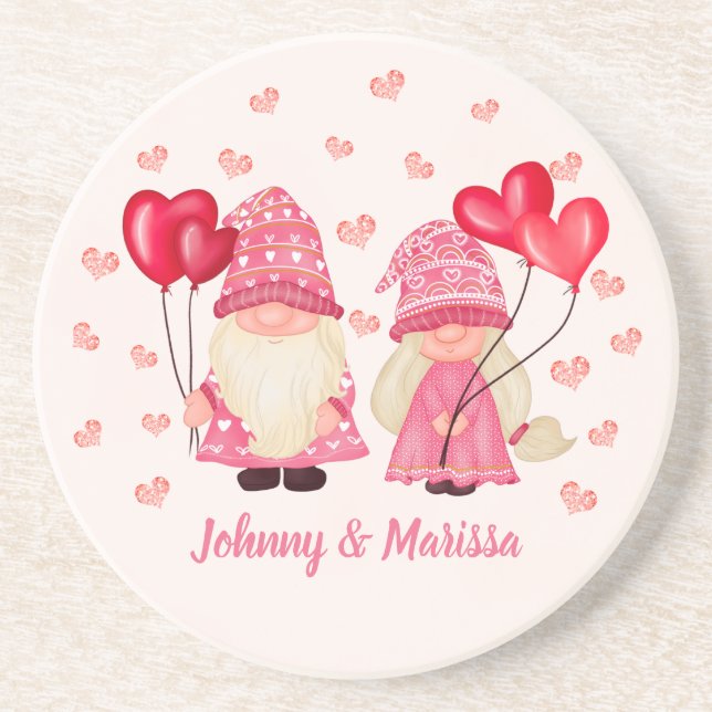 Valentine Pink Gnome Red Hearts Couple Names Coaster (Front)