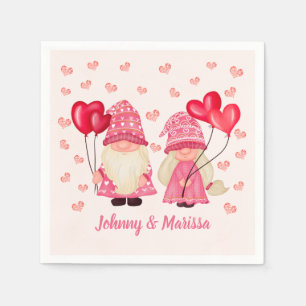 Valentine Pink Gnome Red Hearts Couple Names Napkin