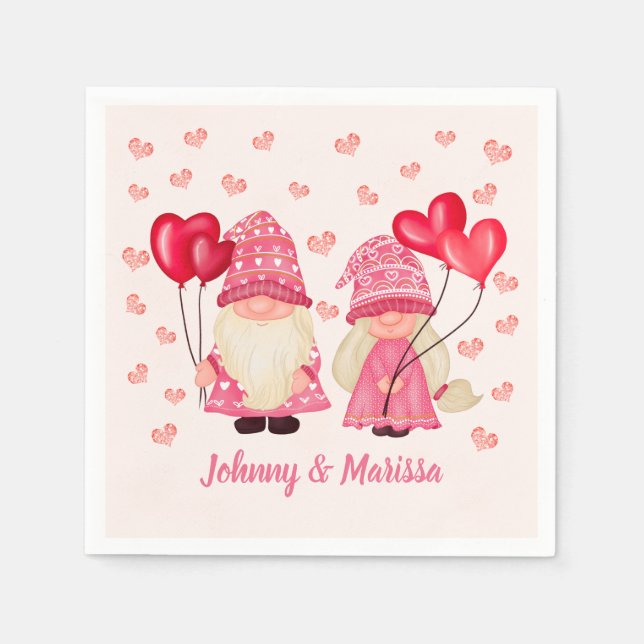Valentine Pink Gnome Red Hearts Couple Names Napkin (Front)