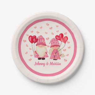 Valentine Pink Gnome Red Hearts Couple Names Paper Plate