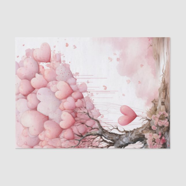 Valentine Pink Heart Balloons On A Tree Tissue Paper (Front)