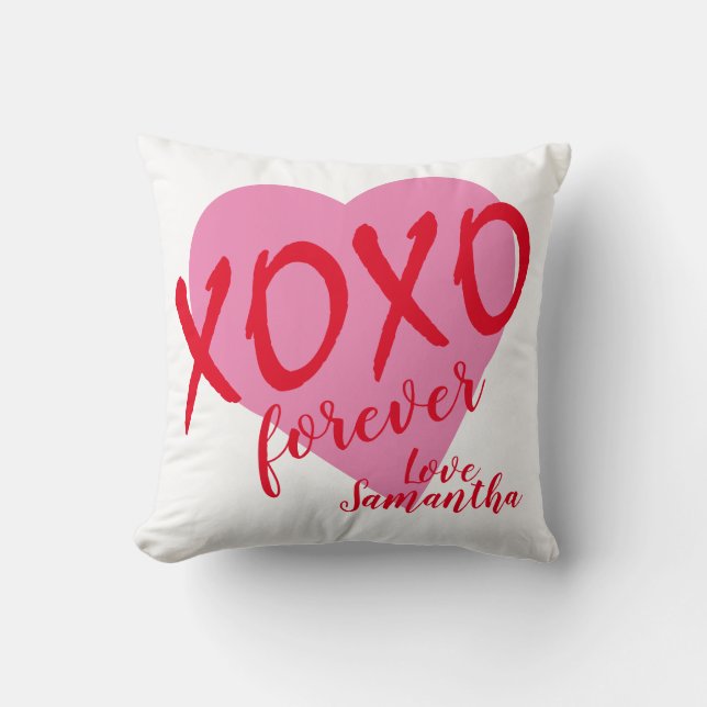 Valentine Pink Heart Red Hugs Kisses XOXO Forever Cushion (Front)