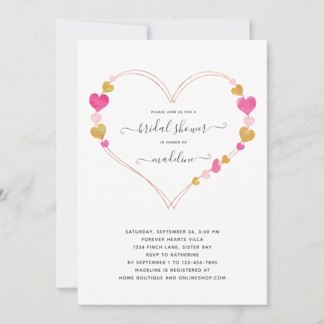 Valentine Pink Heart Sweet Bridal Shower Invitation (Front)