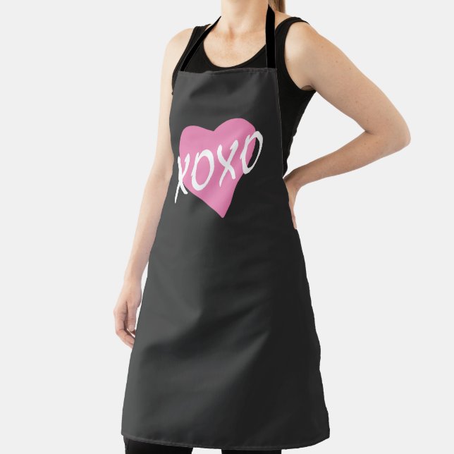 Valentine Pink Heart White XOXO Modern Black Apron (Insitu)