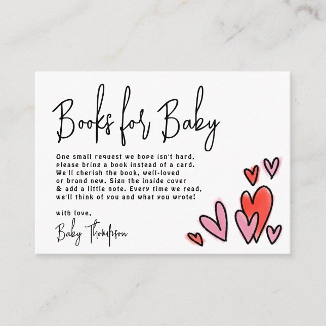 Valentine Pink Hearts Books for Baby Shower Enclosure Card (Front)