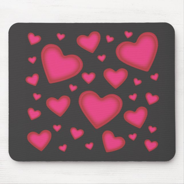 Valentine Pink Hearts on Black Mousepad (Front)