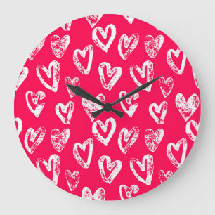 Valentine Pink Hearts: Sketch Background Large Clock