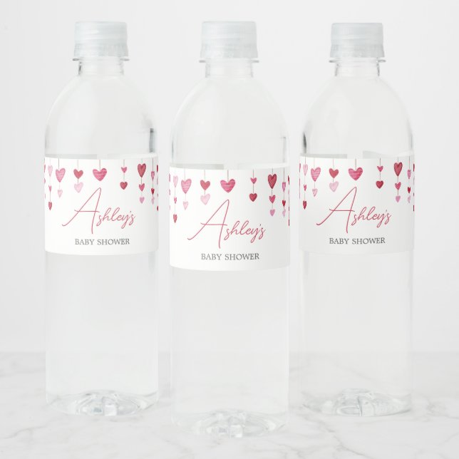 Valentine Pink Red Heart Baby Shower Water Bottle Label (Bottles)