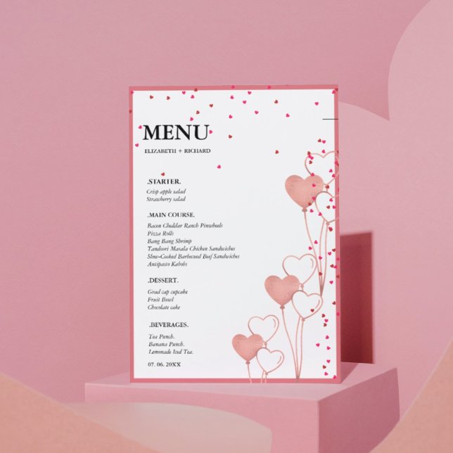 Valentine Pink & Red Heart wedding Bridal Shower Menu (Creator Uploaded)