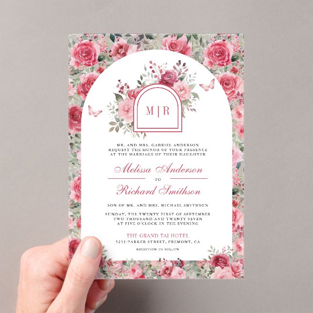 Valentine Pink Red Roses Butterfly Arch Wedding Acrylic Invitations (Insitu (Handheld))