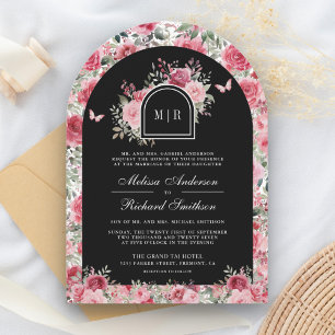 Valentine Pink Red Roses Butterfly Black Wedding Invitation