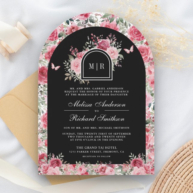 Valentine Pink Red Roses Butterfly Black Wedding Invitation (Creator Uploaded)