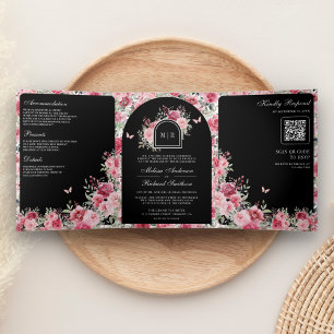 Valentine Pink Red Roses Butterfly Black Wedding Tri-Fold Invitation