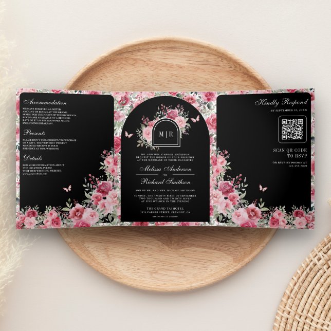 Valentine Pink Red Roses Butterfly Black Wedding Tri-Fold Invitation (Creator Uploaded)