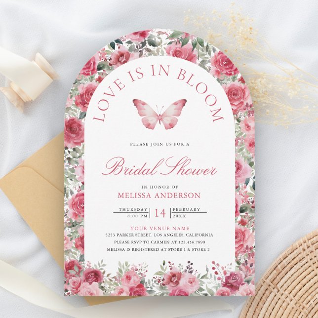 Valentine Pink Red Roses Butterfly Bridal Shower Invitation (Creator Uploaded)