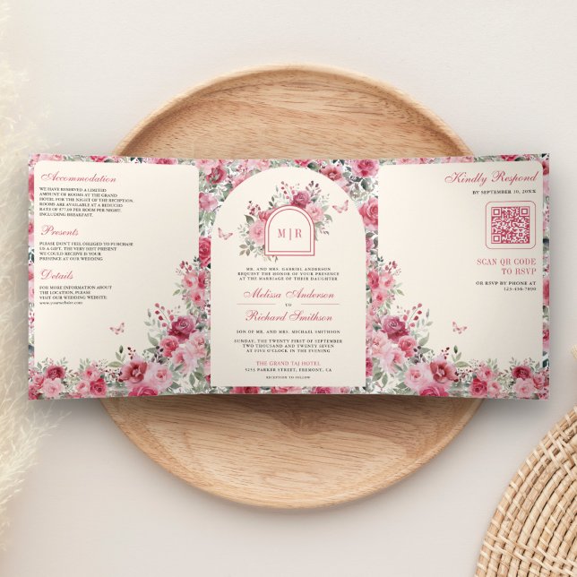 Valentine Pink Red Roses Butterfly Cream Wedding Tri-Fold Invitation (Creator Uploaded)