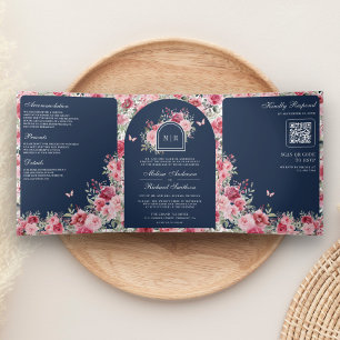 Valentine Pink Red Roses Butterfly Navy Wedding Tri-Fold Invitation