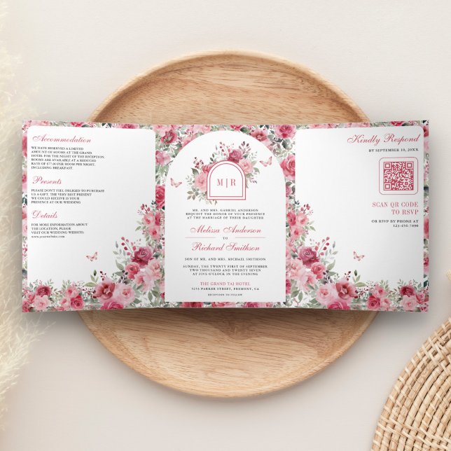 Valentine Pink Red Roses Butterfly Wedding Tri-Fold Invitation (Creator Uploaded)