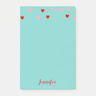 Valentine Pink Red Teal String Hearts Personalised Post-it Notes
