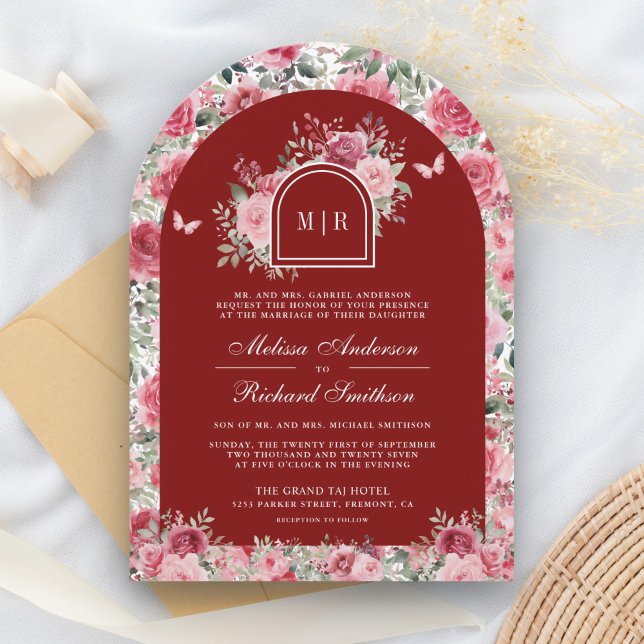 Valentine Pink Roses Butterfly Deep Red Wedding Invitation (Creator Uploaded)