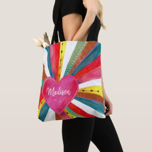 Valentine pink sun sunshine rainbow retro heart tote bag