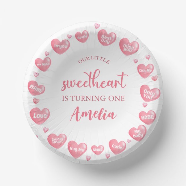 Valentine Pink Sweetheart Birthday Paper Bowls Plate (Front)