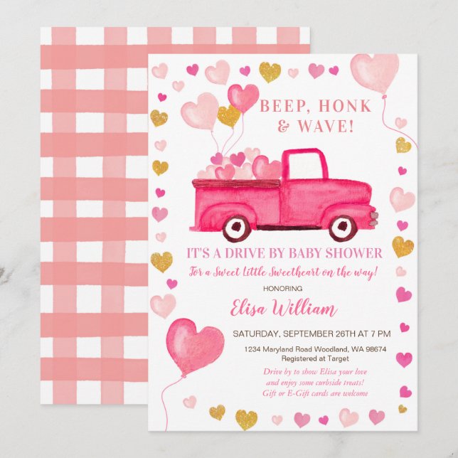 Valentine Pink Truck Drive By Baby Shower Invitation (Front/Back)