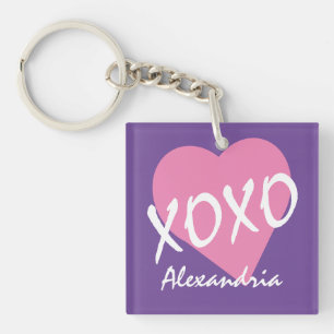 Valentine Pink XOXO Kisses Hugs Named Purple Key Ring