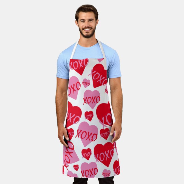 Valentine Pink XOXO Red Heart Pattern Modern White Apron (Worn)
