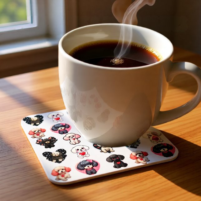 Valentine Poodle Dog | dog lovers | Coaster (Cute Valentine Poodle Dog with Heart Patterns Beverage Coaster)