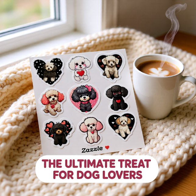 Valentine Poodle Dog set of 9 stickers (Cute Valentine Poodle Dog Hearts Set of 9 Adorable Sticker)