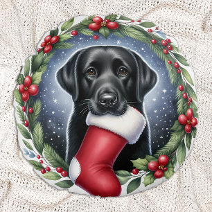 Valentine Puppy Roses - Labrador - Black Lab Round Cushion