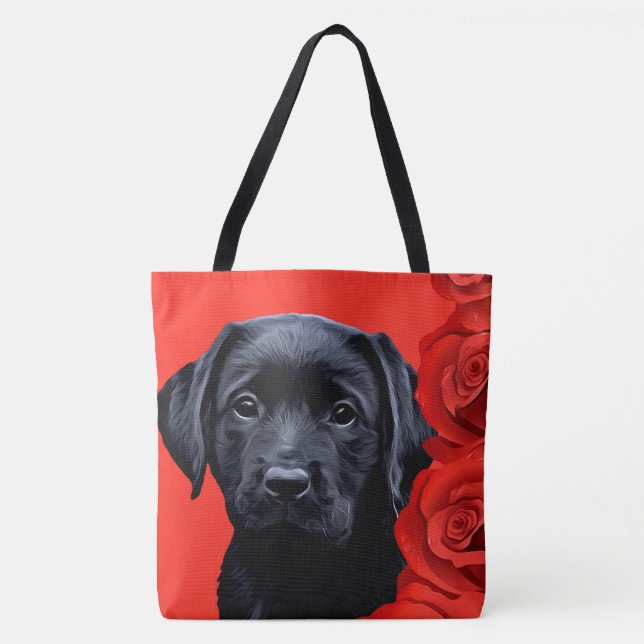 Valentine Puppy Roses - Labrador - Black Lab Tote Bag (Front)